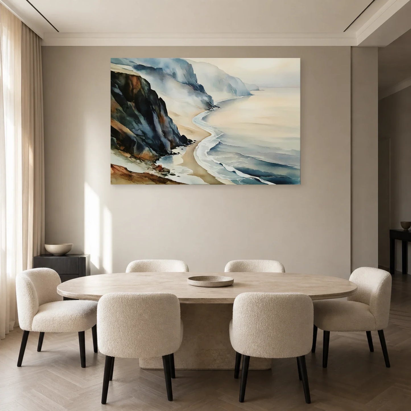 Tableau de Falaise Beige et Ardoise - Côte Silencieuse présenté dans une salle à manger avec accents ardoise