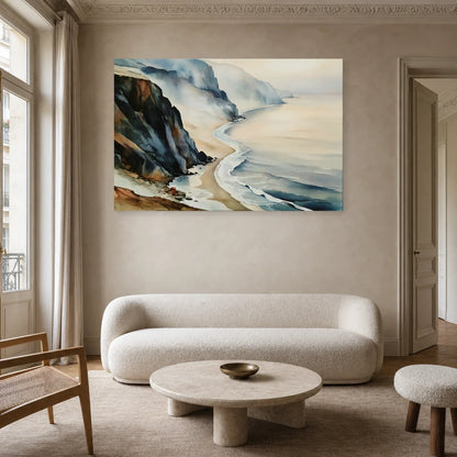 Tableau de Falaise Beige et Ardoise - Côte Silencieuse présenté dans un salon minéral et grège