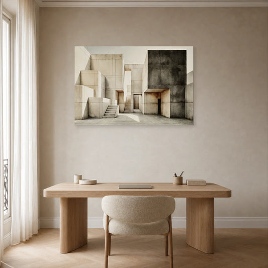 tableau architecture brutaliste beige anthracite installé dans un bureau