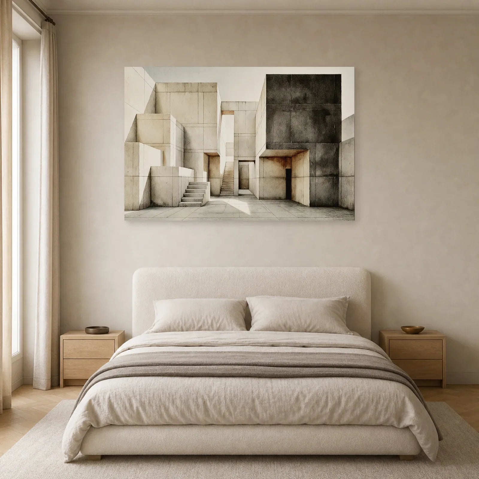 tableau architecture brutaliste beige anthracite mis en scène dans une chambre