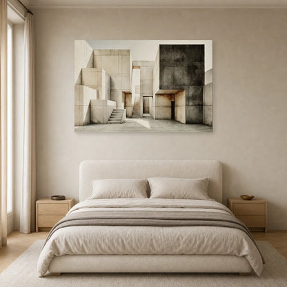 tableau architecture brutaliste beige anthracite mis en scène dans une chambre
