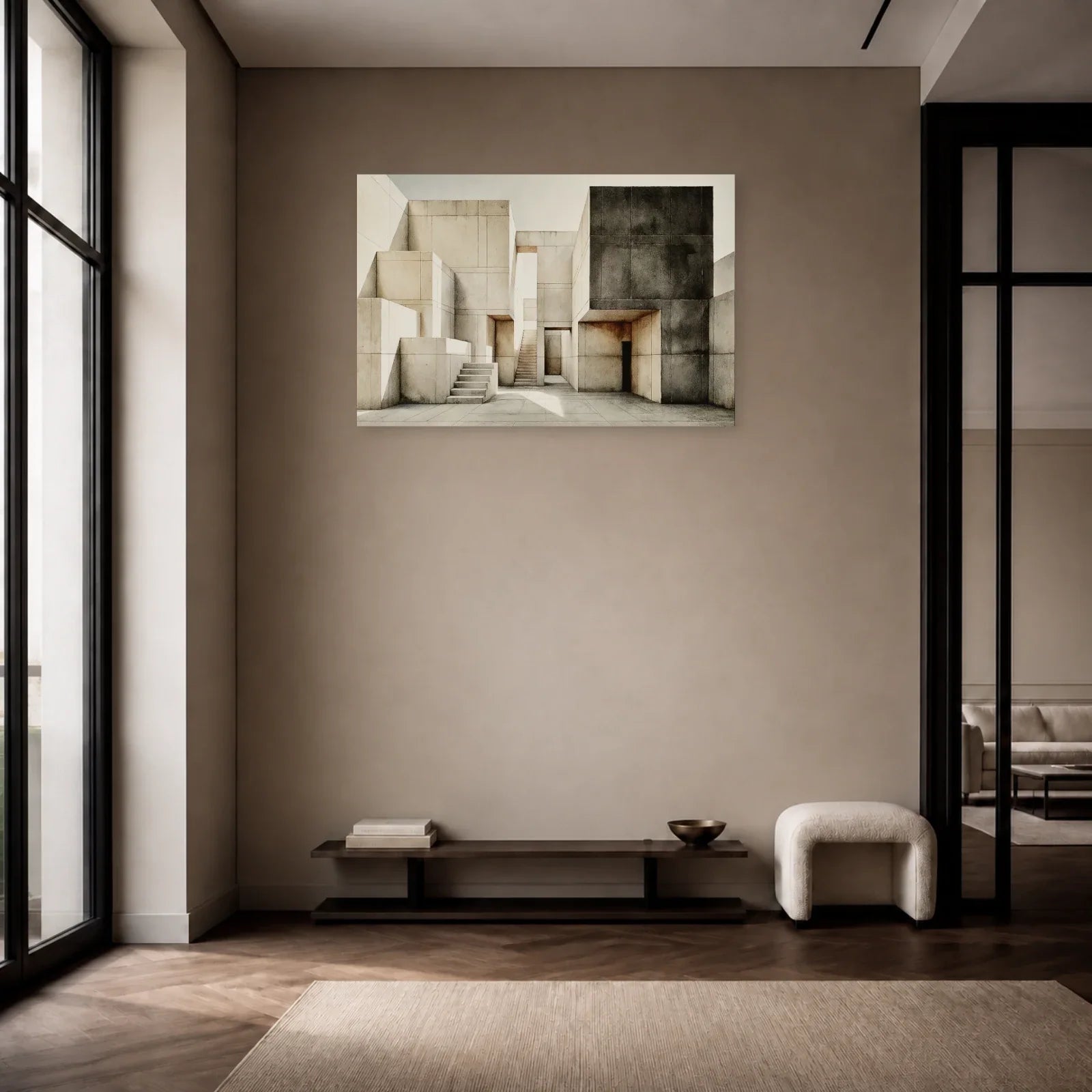 tableau architecture brutaliste beige anthracite accroché dans une entrée