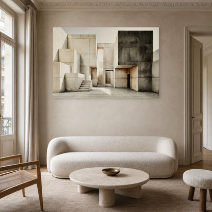 tableau architecture brutaliste beige anthracite présenté dans un salon