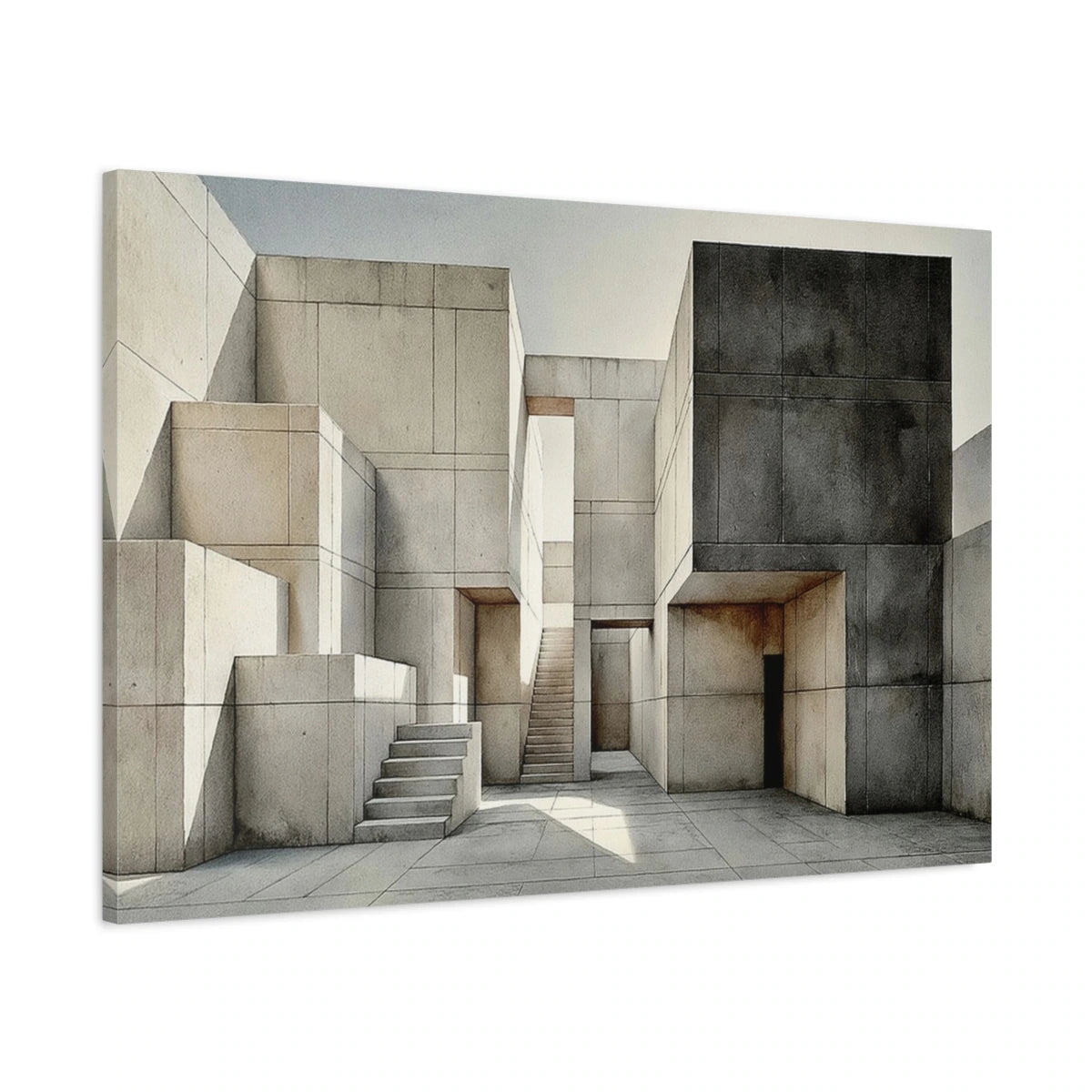 Vue latérale du tableau architecture brutaliste beige anthracite sur toile tendue