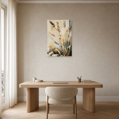 tableau botanique de graminées beige taupe installé dans un bureau