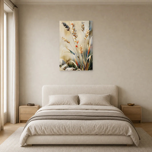 tableau botanique de graminées beige taupe mis en scène dans une chambre