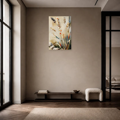 tableau botanique de graminées beige taupe accroché dans une entrée