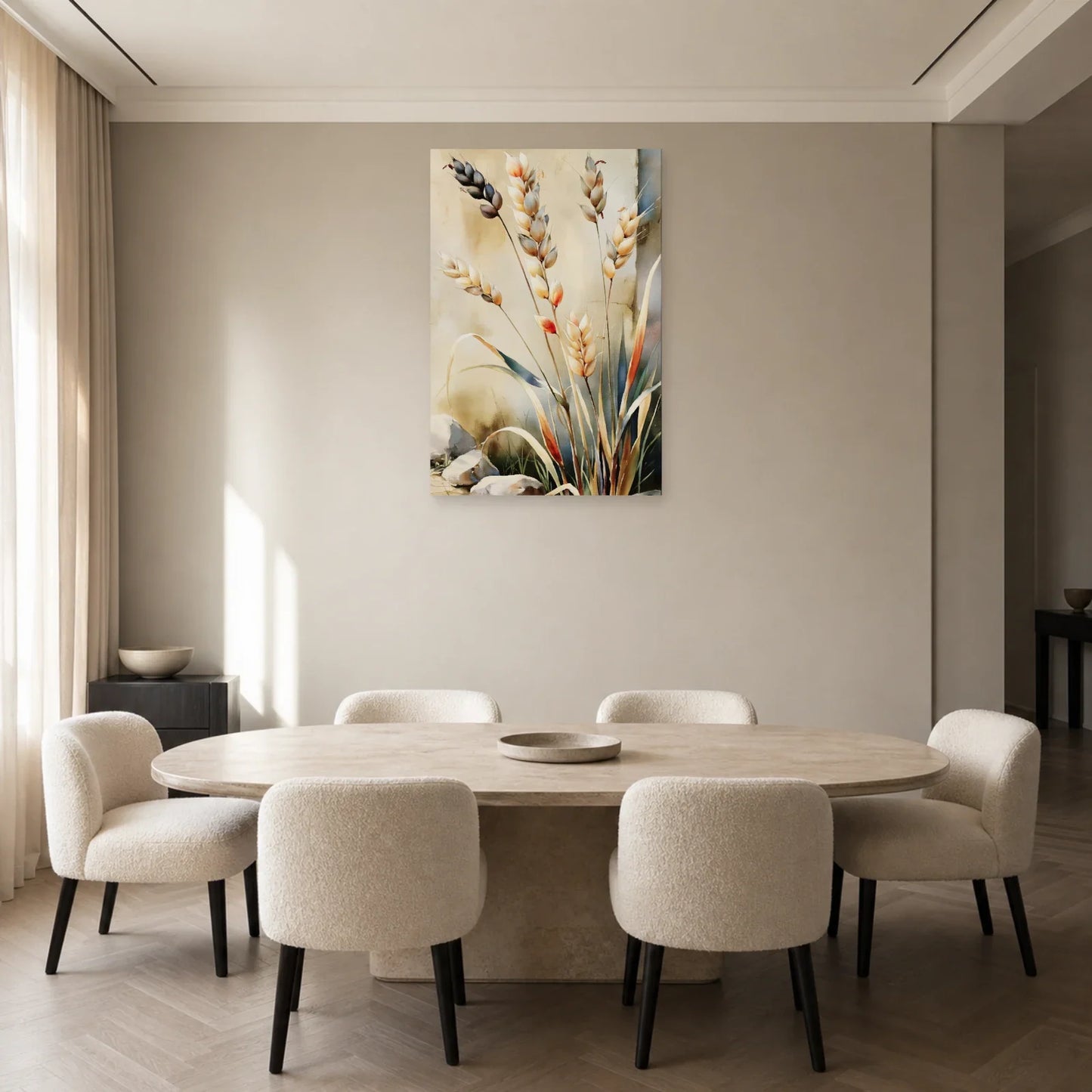 tableau botanique de graminées beige taupe exposé dans une salle à manger