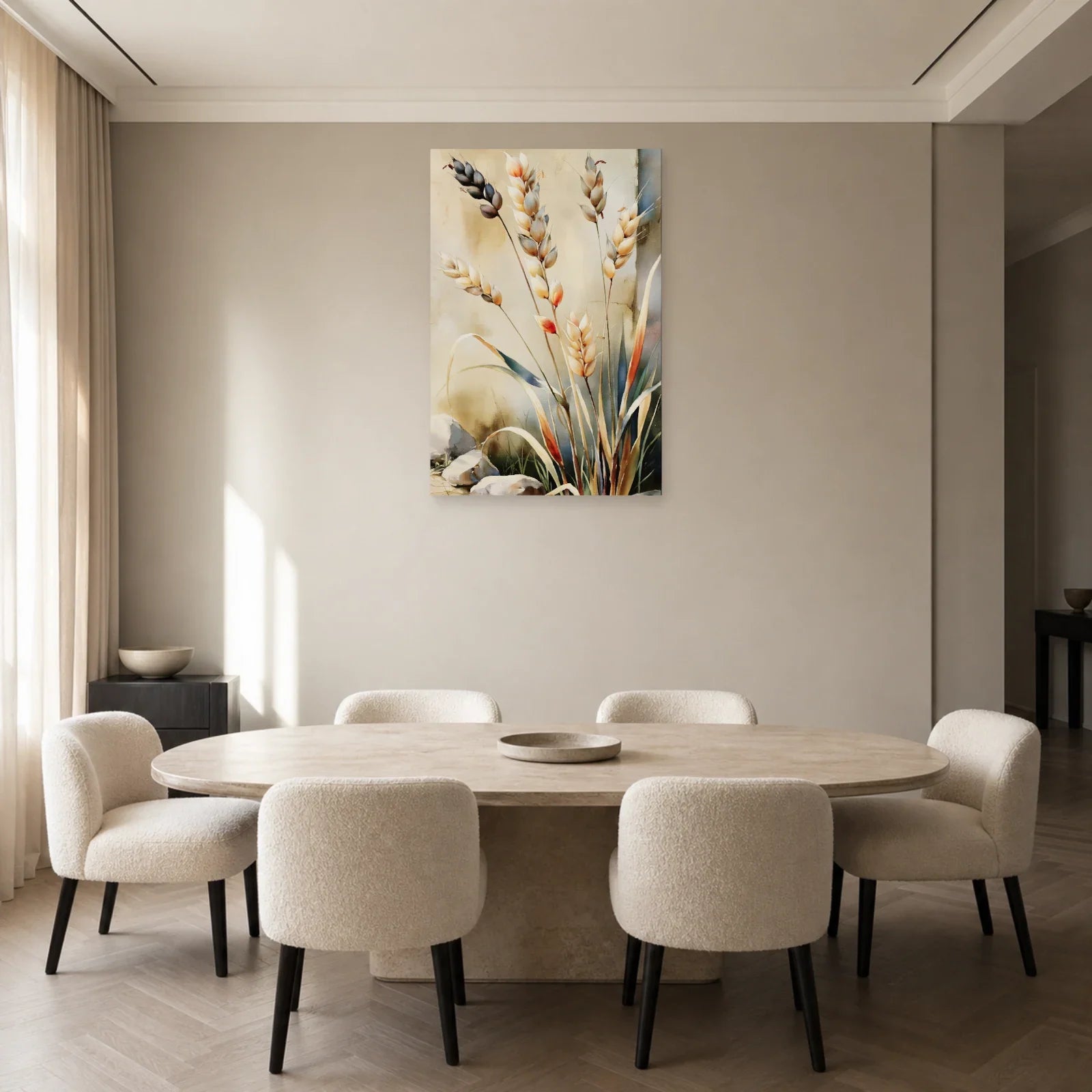 tableau botanique de graminées beige taupe exposé dans une salle à manger