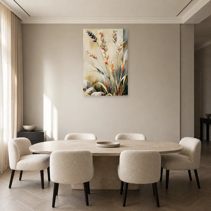 tableau botanique de graminées beige taupe exposé dans une salle à manger