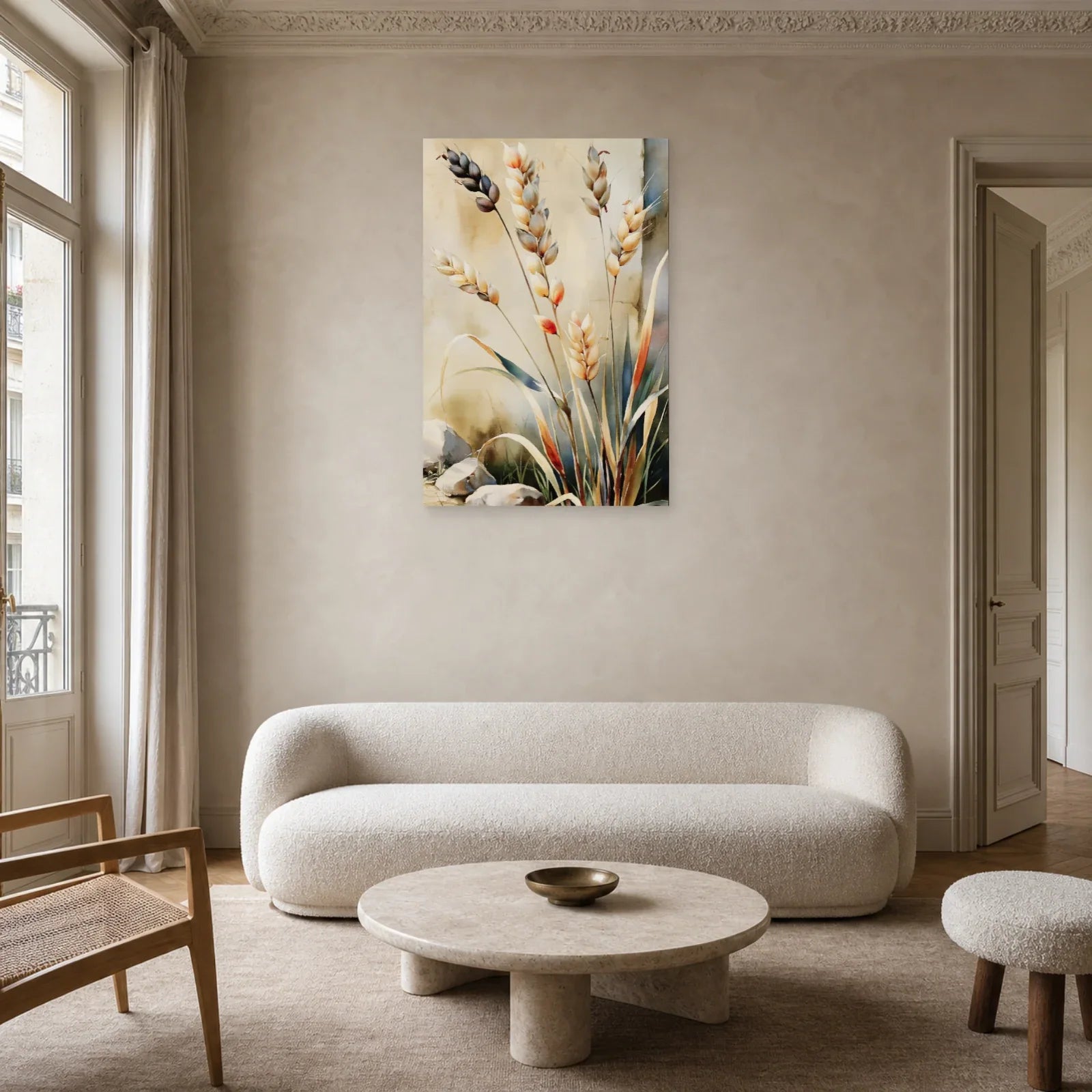 tableau botanique de graminées beige taupe présenté dans un salon