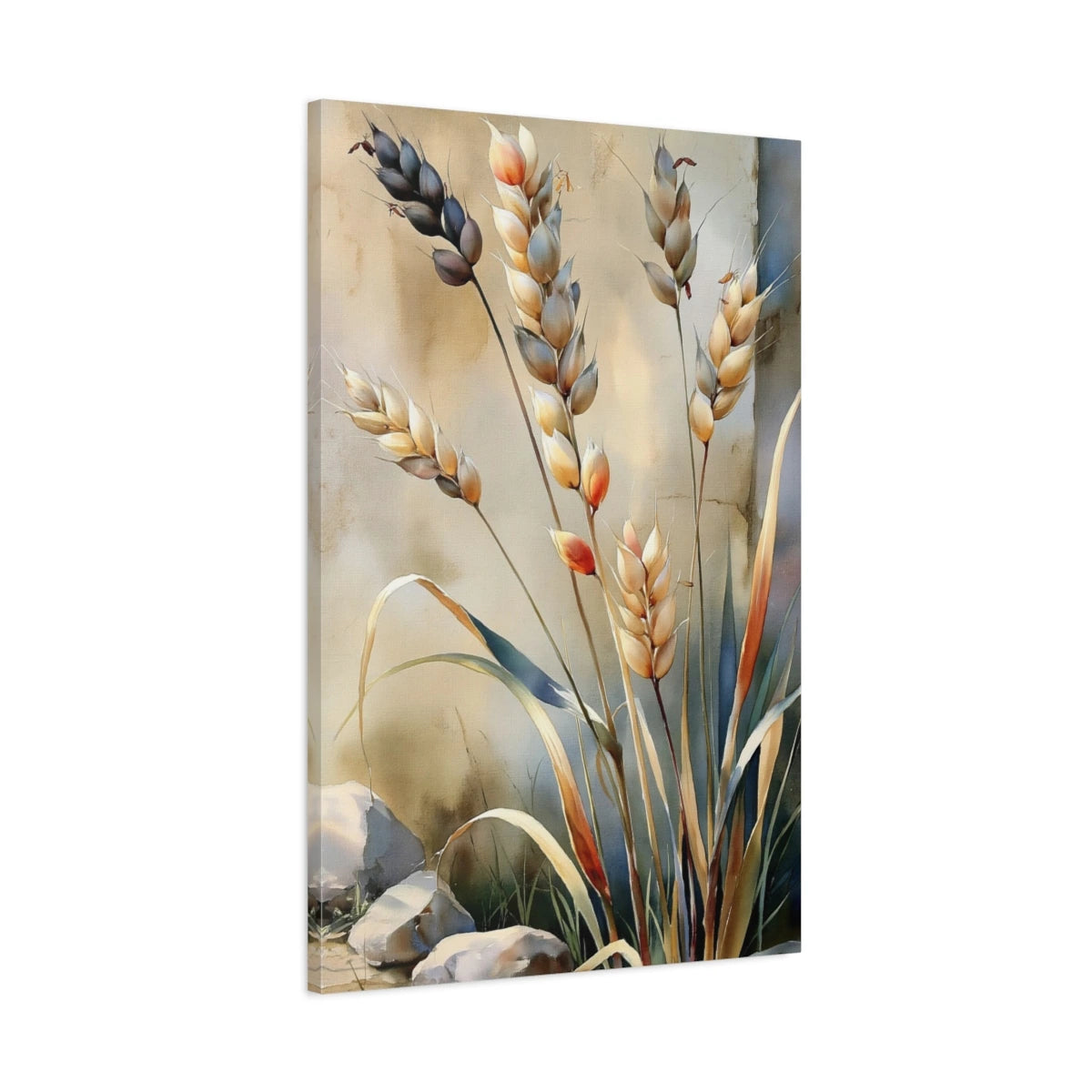 Vue latérale du tableau botanique de graminées beige taupe sur toile tendue