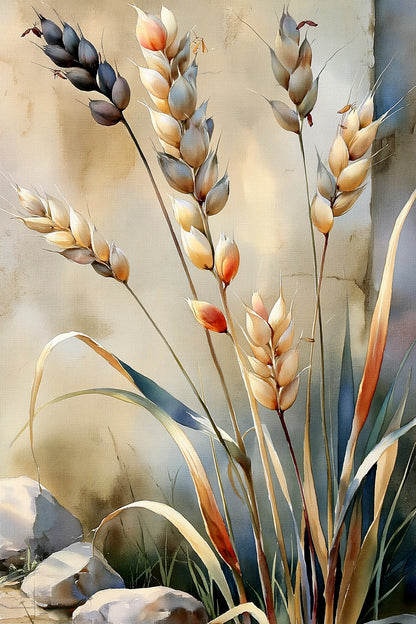 tableau botanique de graminées beige taupe en taille XXL