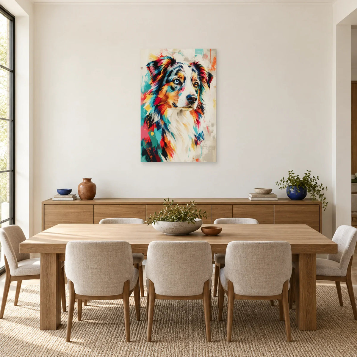 Tableau berger australien – Reflets vairons dans une salle à manger - Art Virtuoso