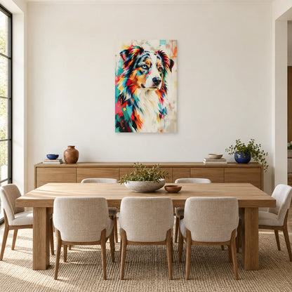 Tableau berger australien – Reflets vairons dans une salle à manger - Art Virtuoso