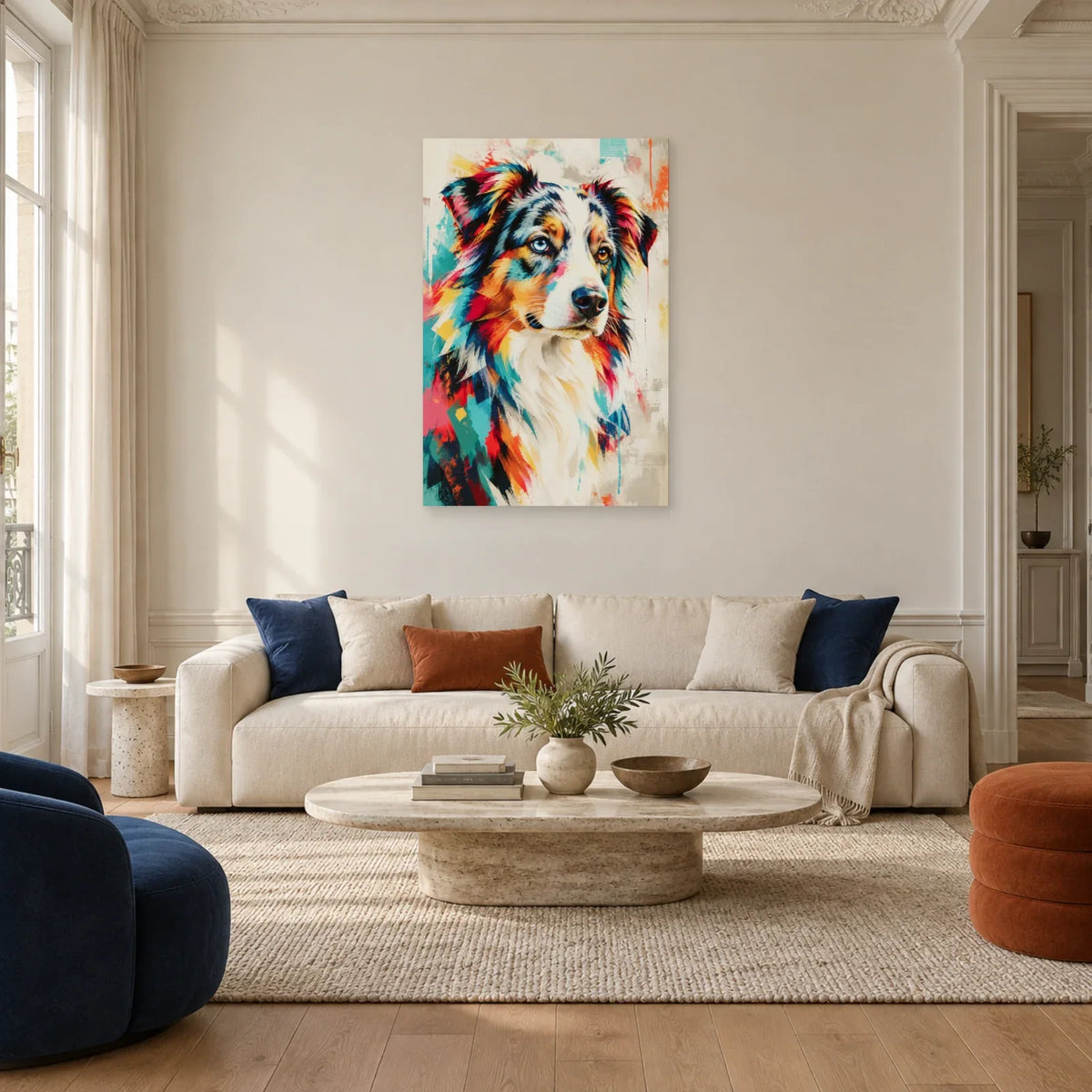 Tableau berger australien – Reflets vairons dans un salon - Art Virtuoso