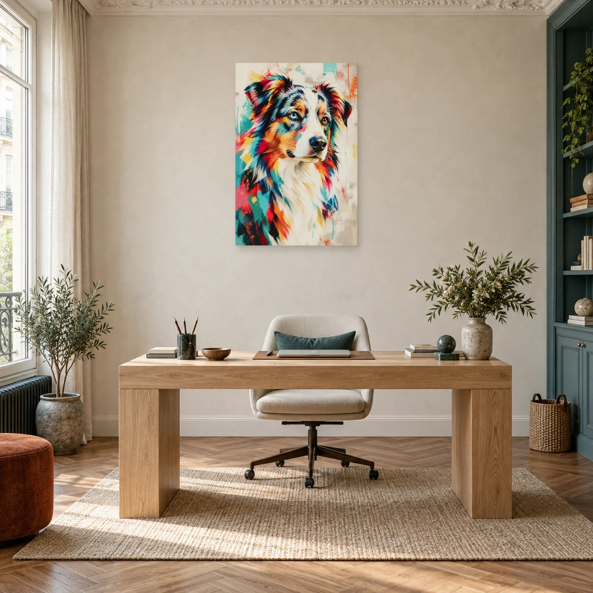 Tableau berger australien – Reflets vairons dans un bureau - Art Virtuoso