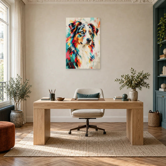 Tableau berger australien – Reflets vairons dans un bureau - Art Virtuoso