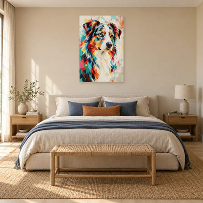 Tableau berger australien – Reflets vairons dans une chambre - Art Virtuoso