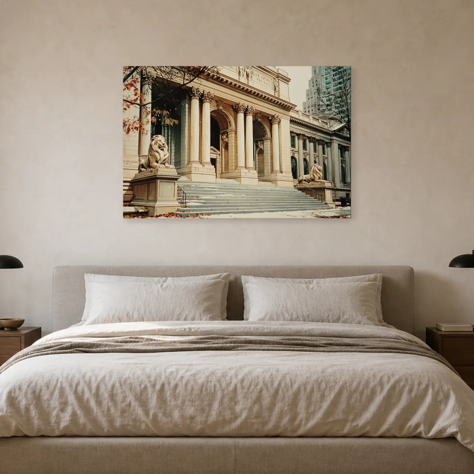 Toile architecturale beige et bleu-gris mise en scène dans une chambre
