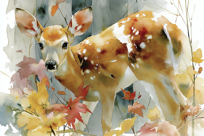 Tableau aquarelle biche en forêt douce avec feuillage clair - format L