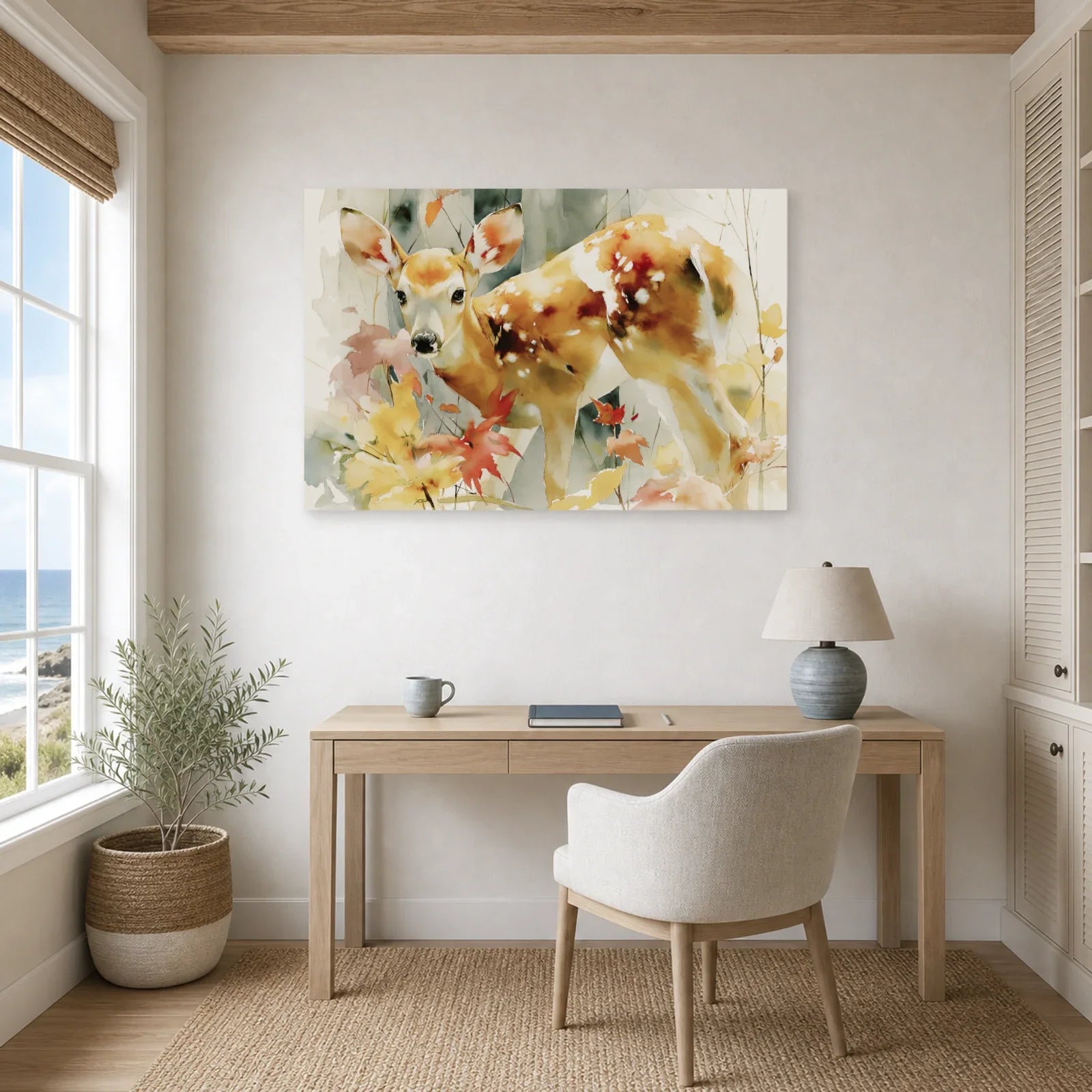 Tableau Biche Forêt Aquarelle - Douceur des Sous-Bois dans un bureau - Art Virtuoso