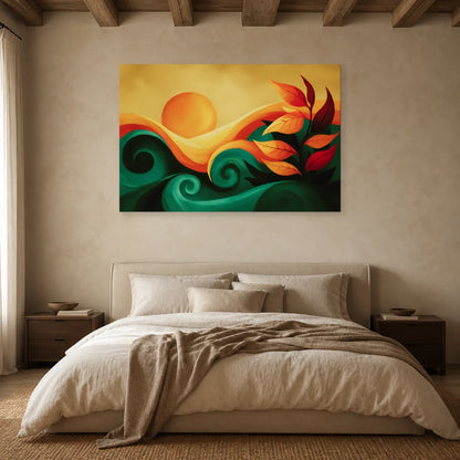 Tableau Bohème Chic Bleu Sable dans une chambre - Art Virtuoso