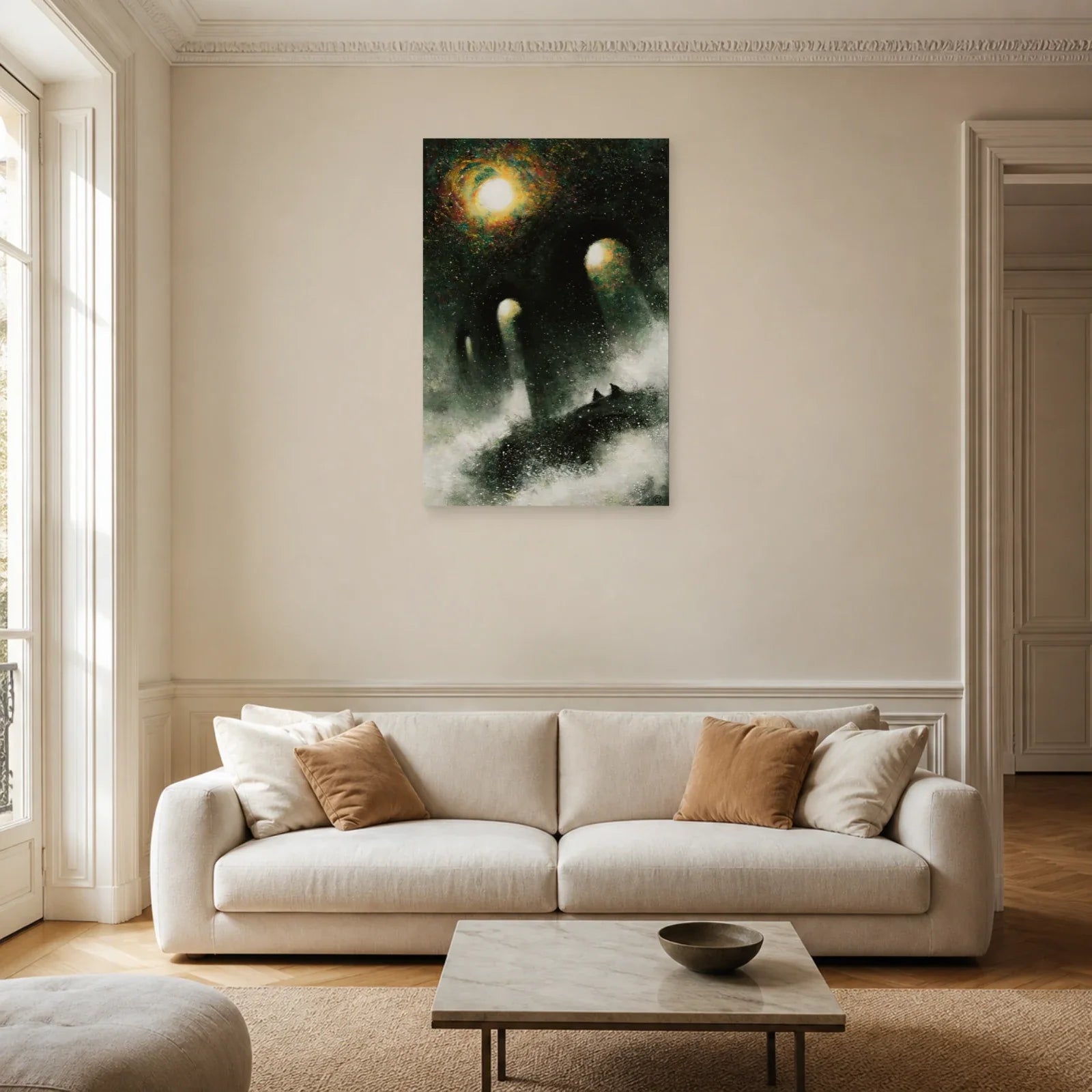 Tableau Bohème Chic Noir et Blanc dans un salon - Art Virtuoso