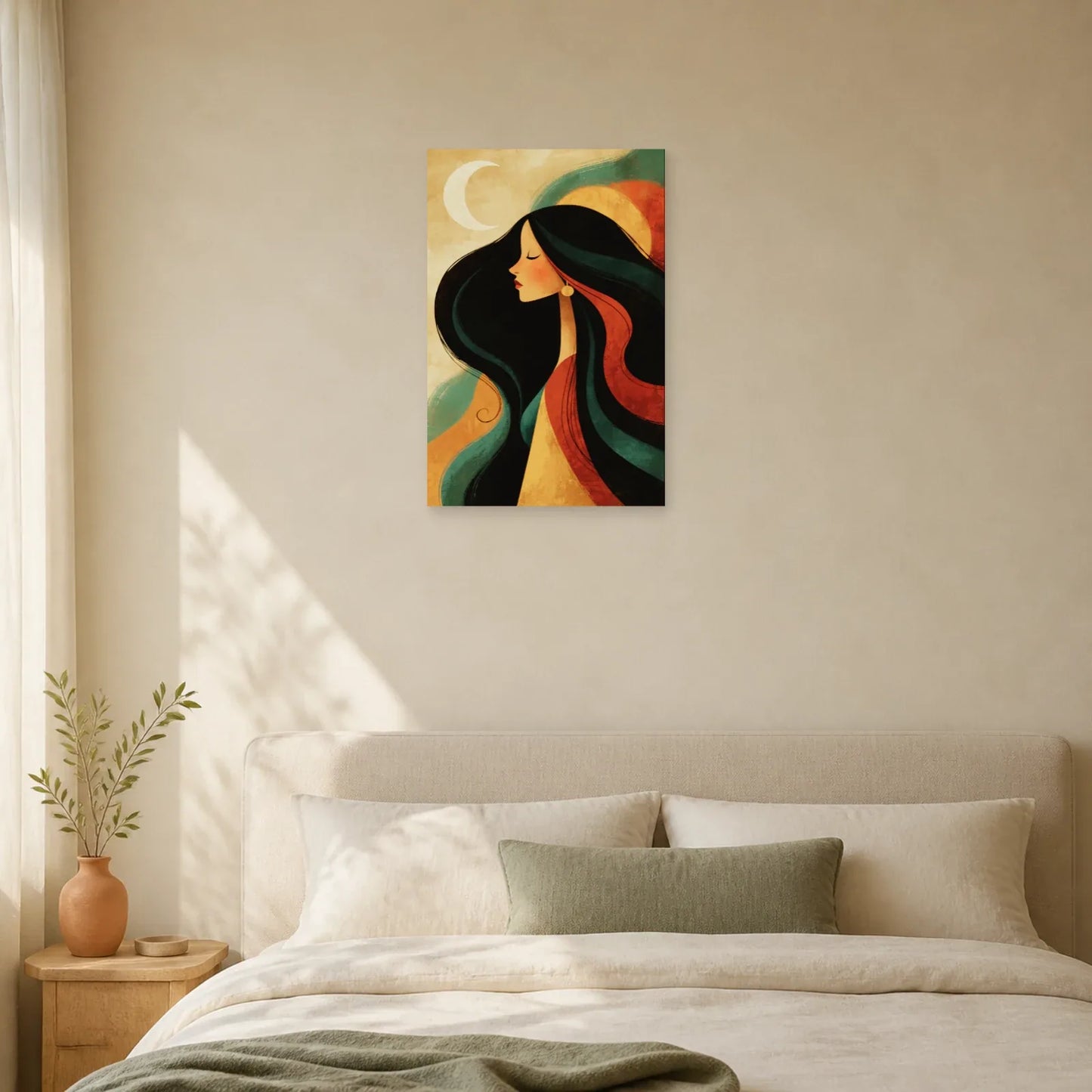 Tableau Bohème Chic Portrait Lunaire dans une chambre - Art Virtuoso