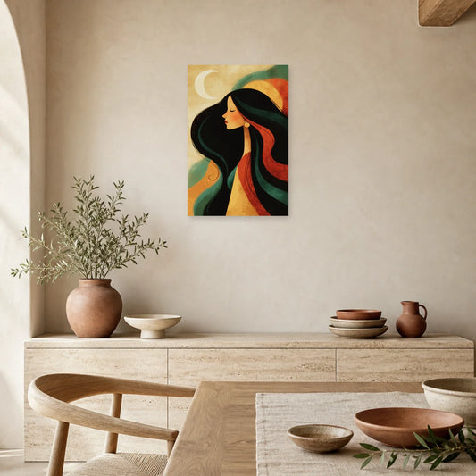 Tableau Bohème Chic Portrait Lunaire dans une cuisine - Art Virtuoso