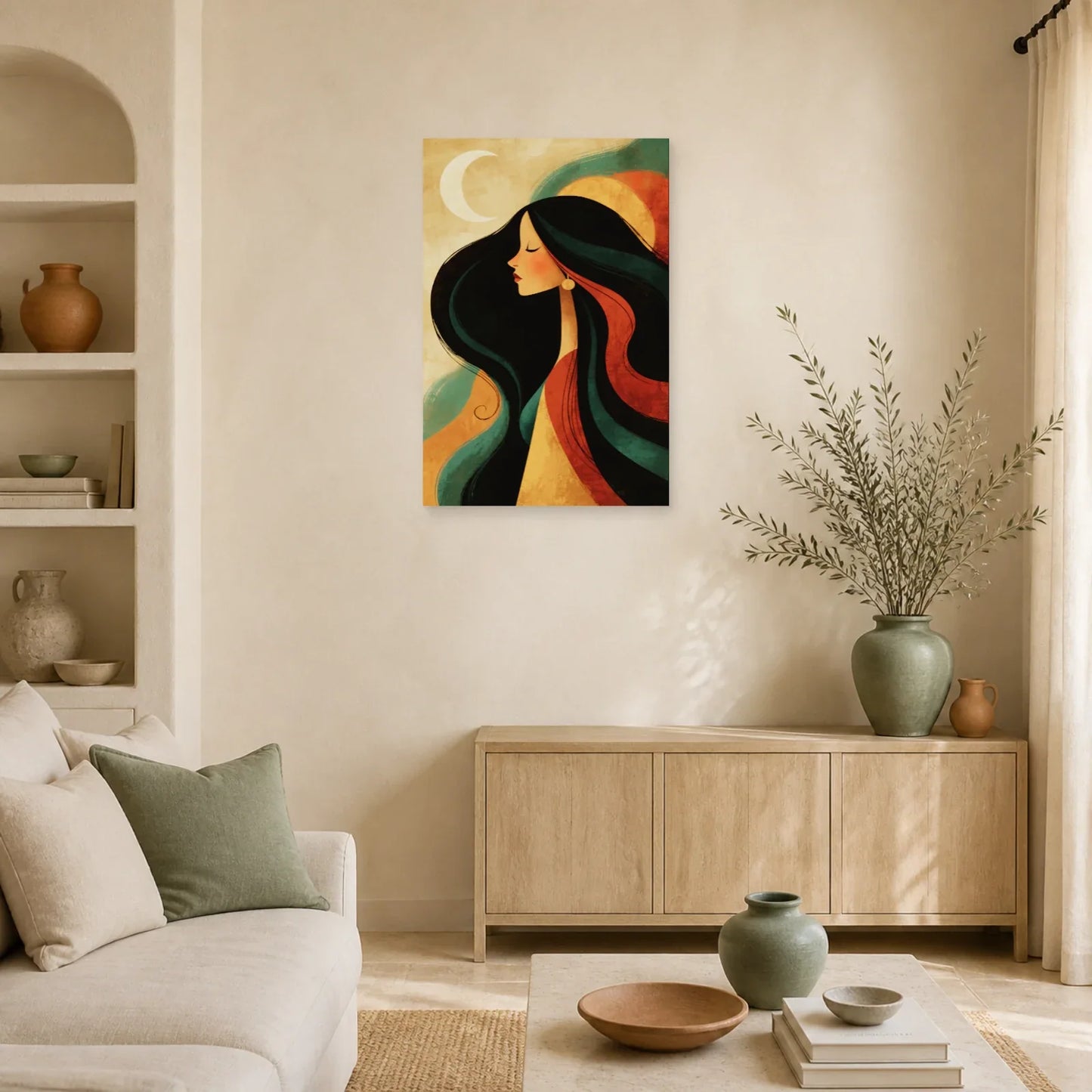Tableau Bohème Chic Portrait Lunaire dans un salon - Art Virtuoso