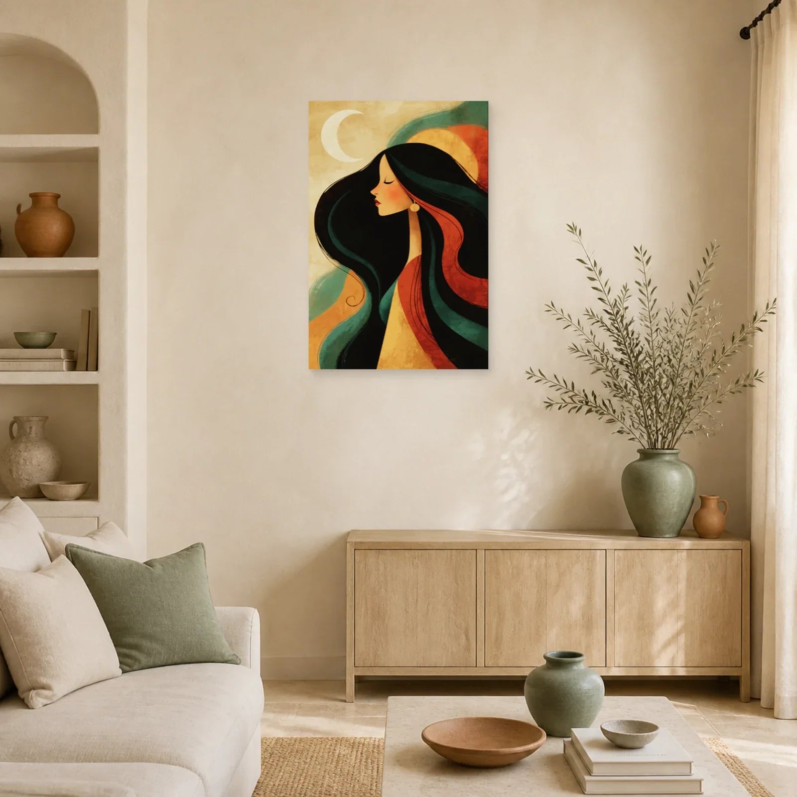 Tableau Bohème Chic Portrait Lunaire dans un salon - Art Virtuoso