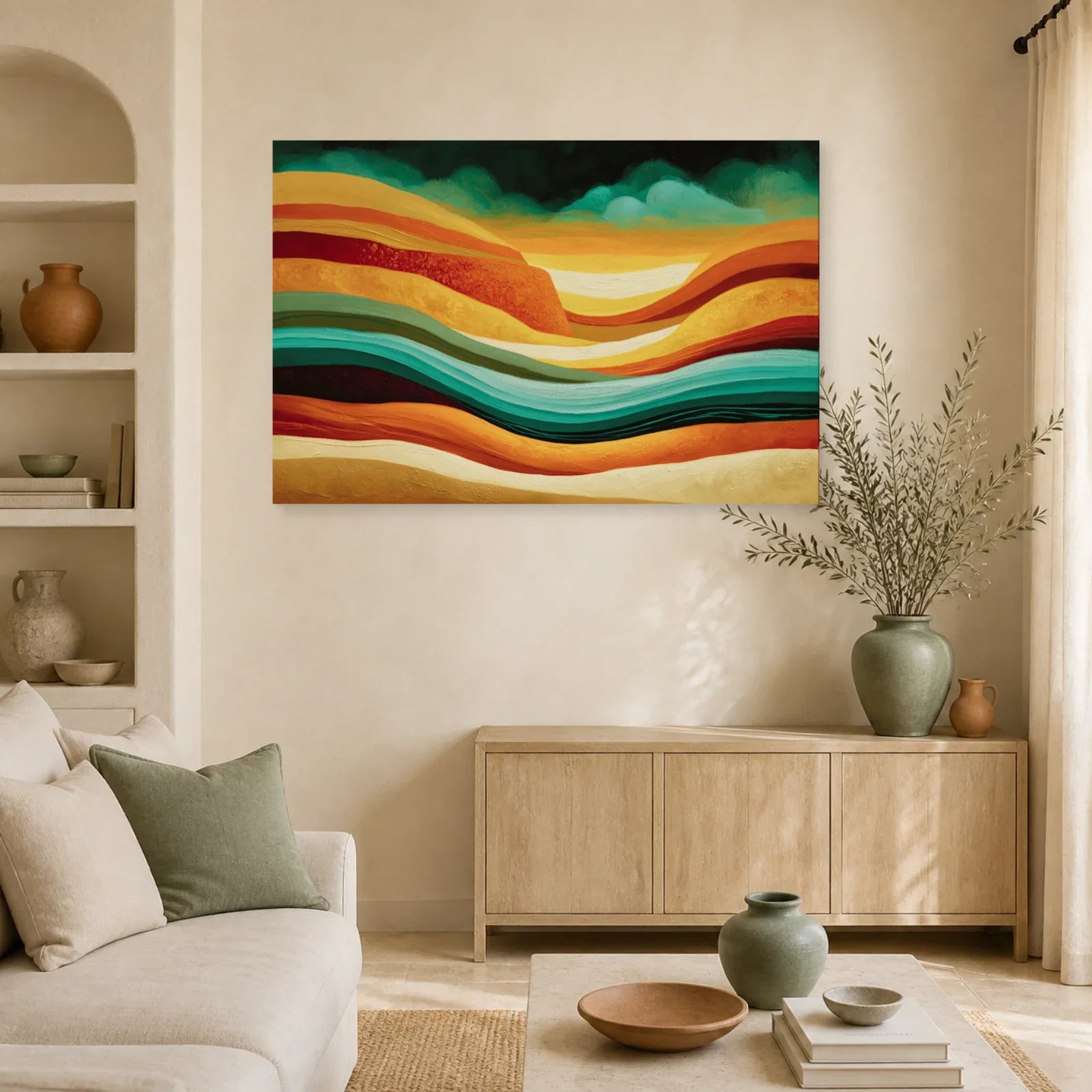 Tableau Bohème Strates Minérales dans un salon - Art Virtuoso