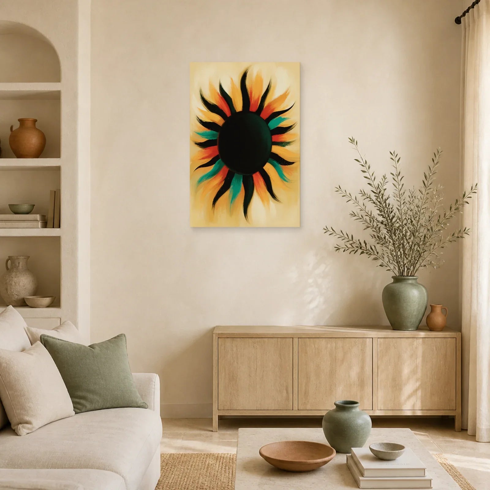 Tableau Bohème Mural Soleil Noir dans un salon - Art Virtuoso