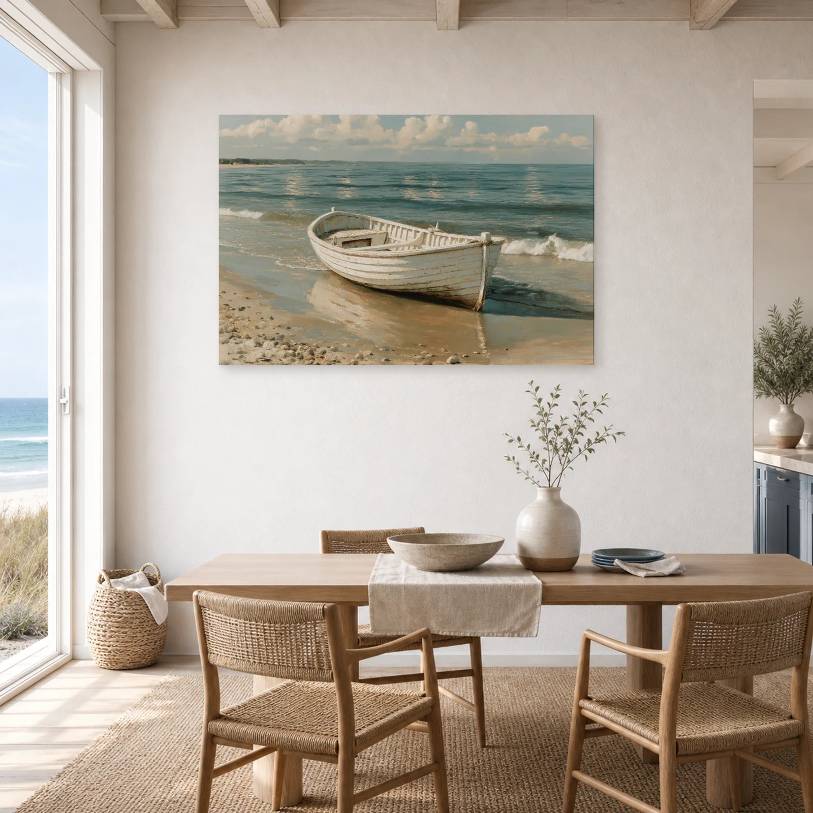 Tableau Bord De Mer Bateau Bois dans une cuisine - Art Virtuoso