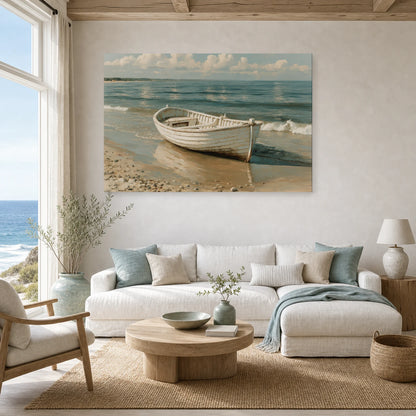 Tableau Bord De Mer Bateau Bois dans un salon - Art Virtuoso