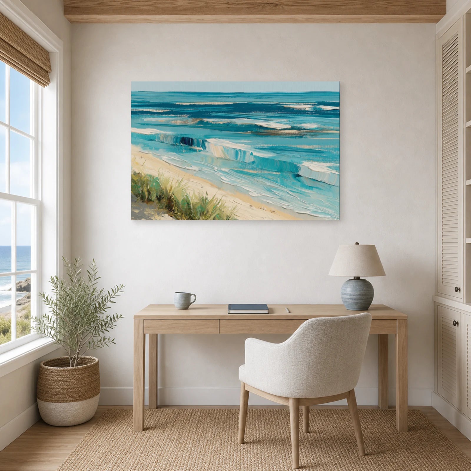 Tableau Bord De Mer Moderne Lignes Bleues dans un bureau - Art Virtuoso
