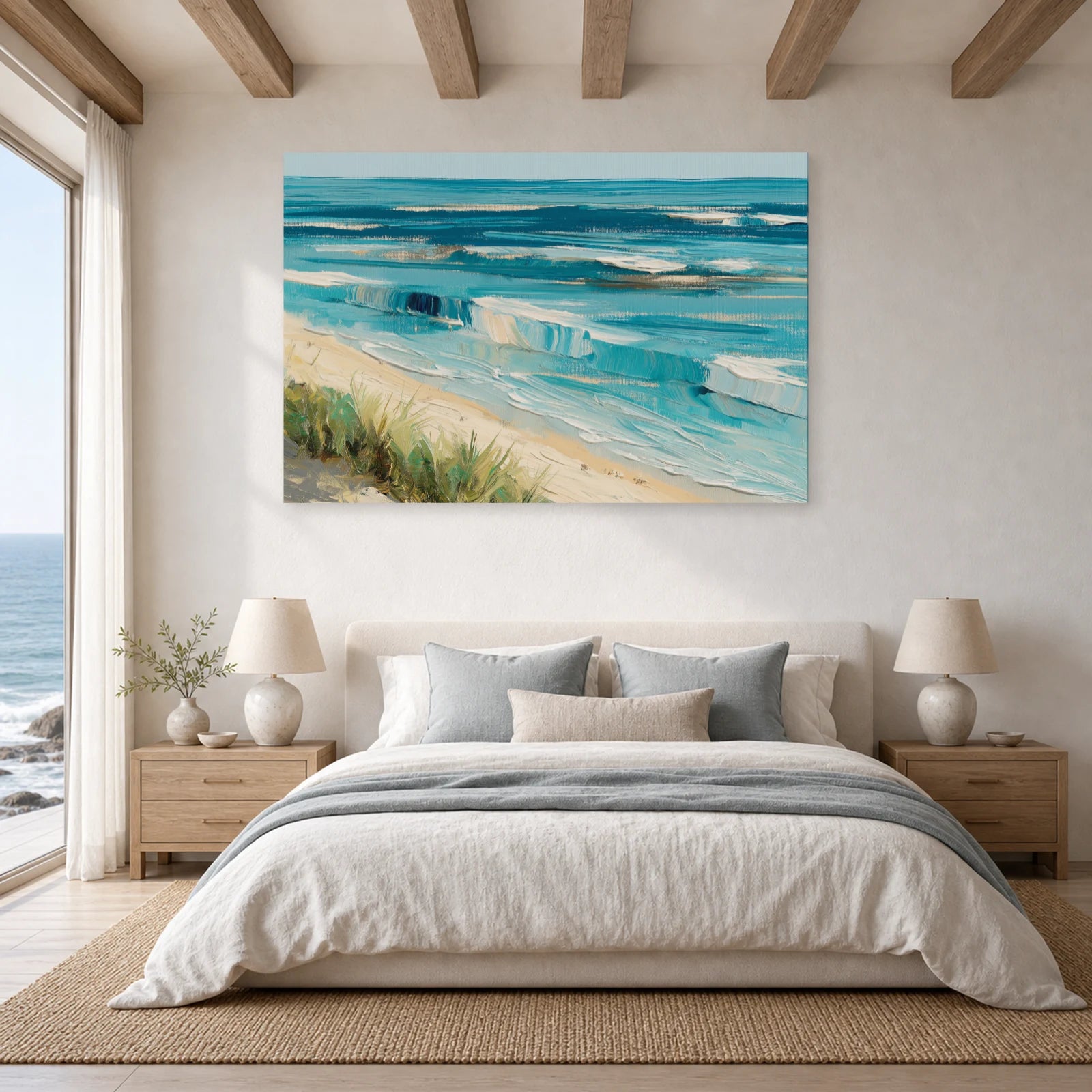 Tableau Bord De Mer Moderne Lignes Bleues dans une chambre - Art Virtuoso