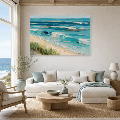 Tableau Bord De Mer Moderne Lignes Bleues dans un salon - Art Virtuoso