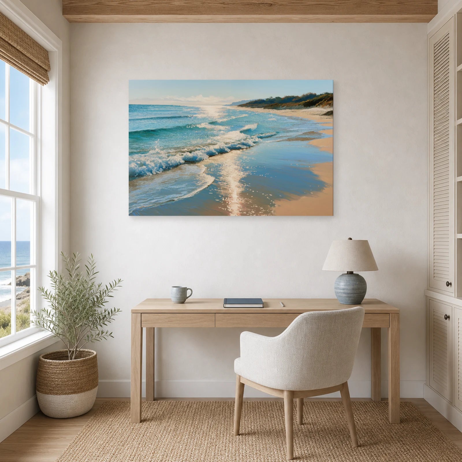 Tableau Bord De Mer Plage Sable Dore dans un bureau - Art Virtuoso