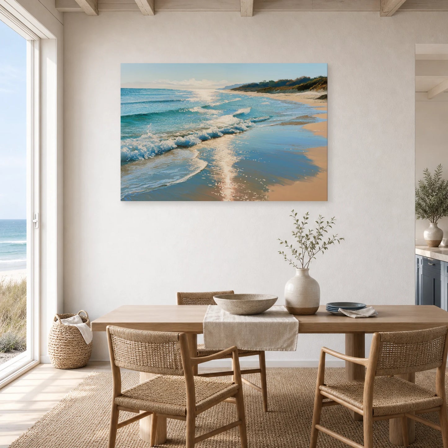 Tableau Bord De Mer Plage Sable Dore dans une cuisine - Art Virtuoso
