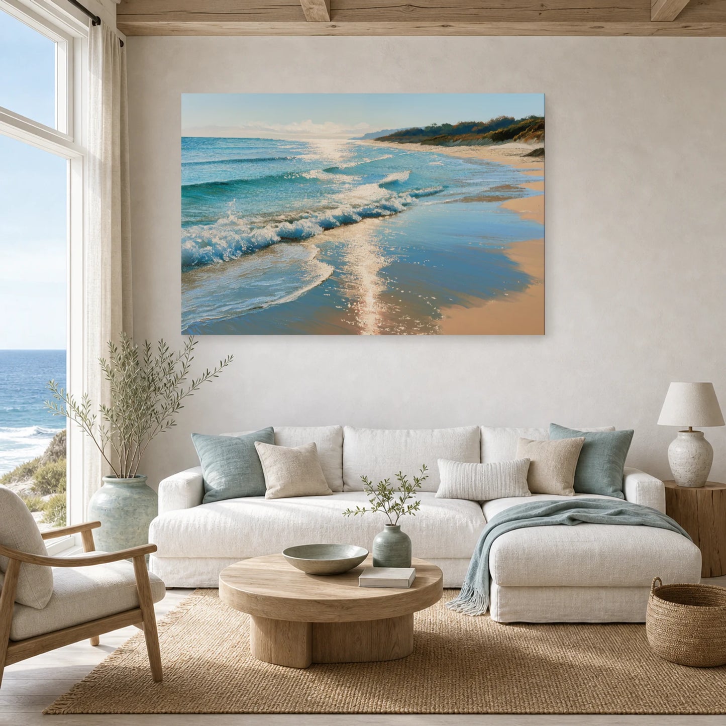 Tableau Bord De Mer Plage Sable Dore dans un salon - Art Virtuoso
