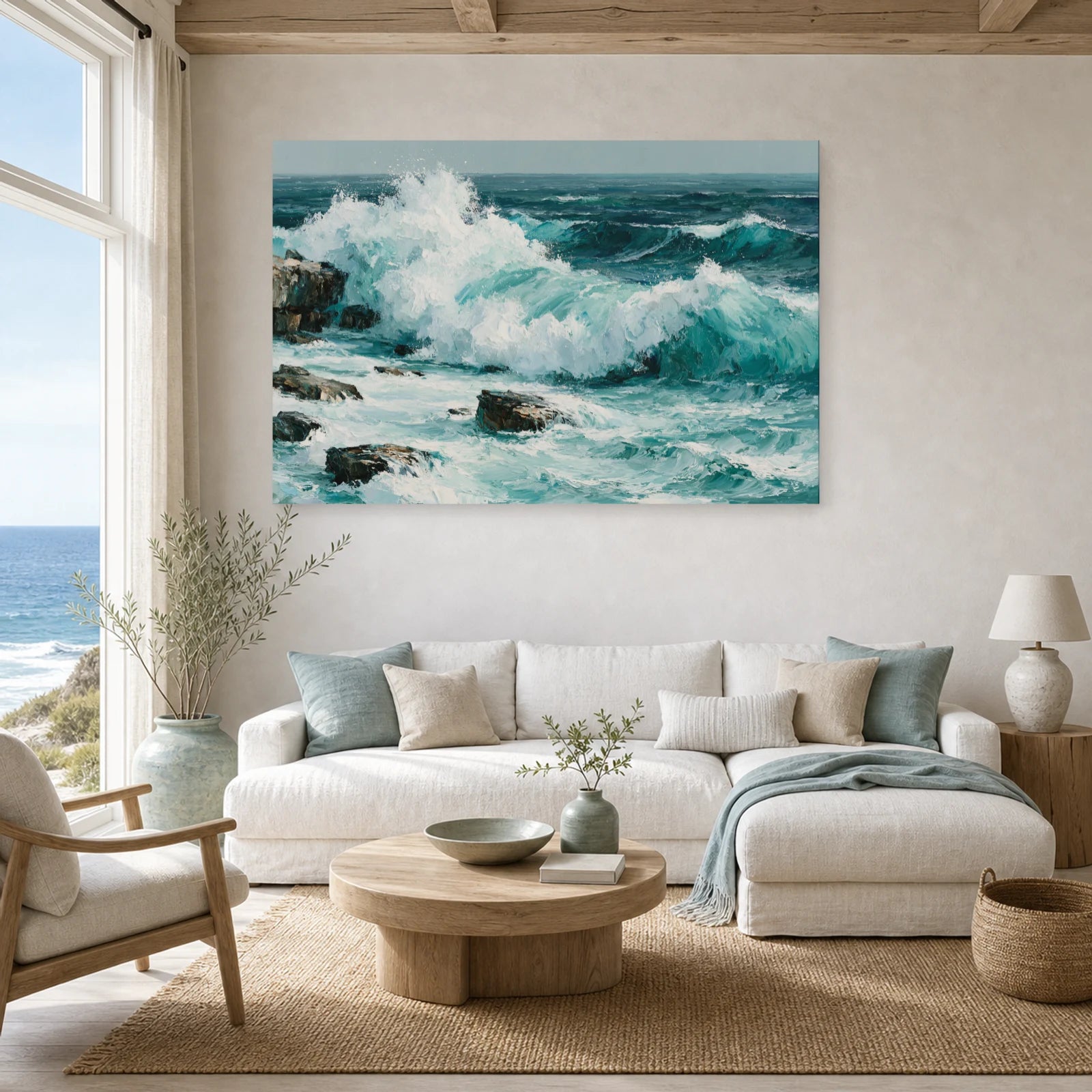 Tableau Bord De Mer Vague Rochers dans un salon - Art Virtuoso