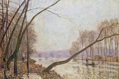 Rive de Seine boisée avec troncs inclinés et barque – toile format M