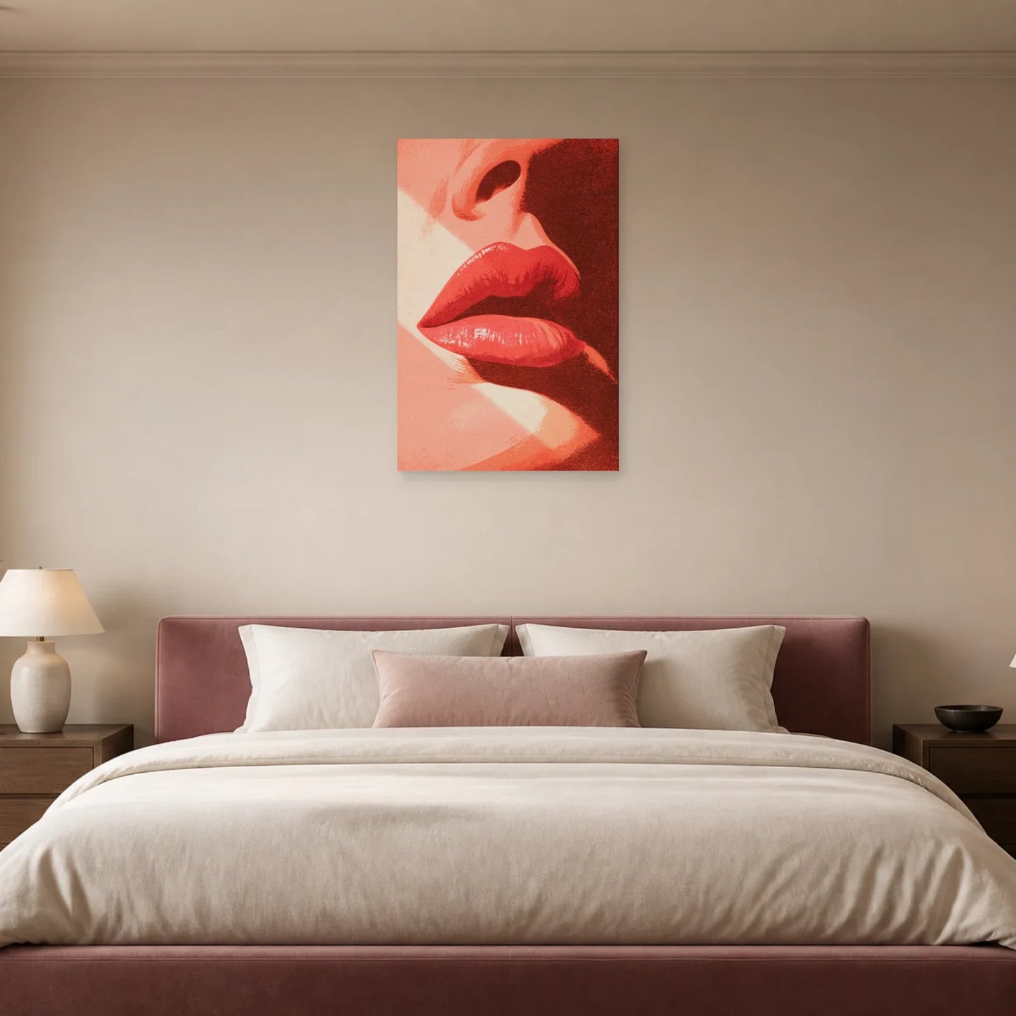 Tableau Bouche Rose Pop Art présenté dans une chambre - Art Virtuoso