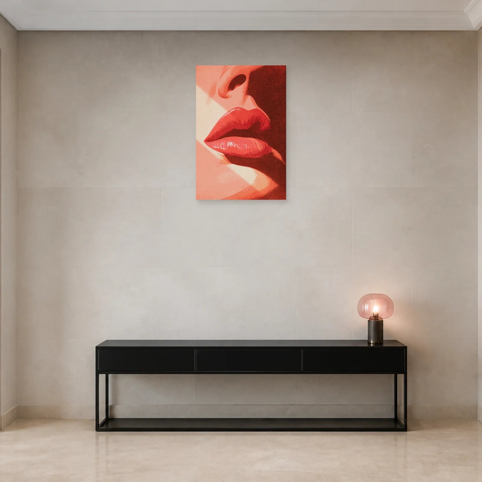 Tableau Bouche Rose Pop Art présenté dans une entrée - Art Virtuoso