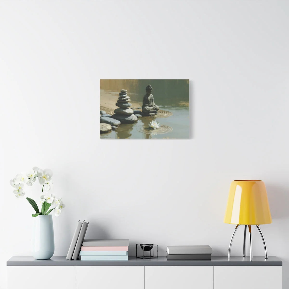Tableau Cairn Bouddhique - Équilibre des Galets - décor salon contemporain bois