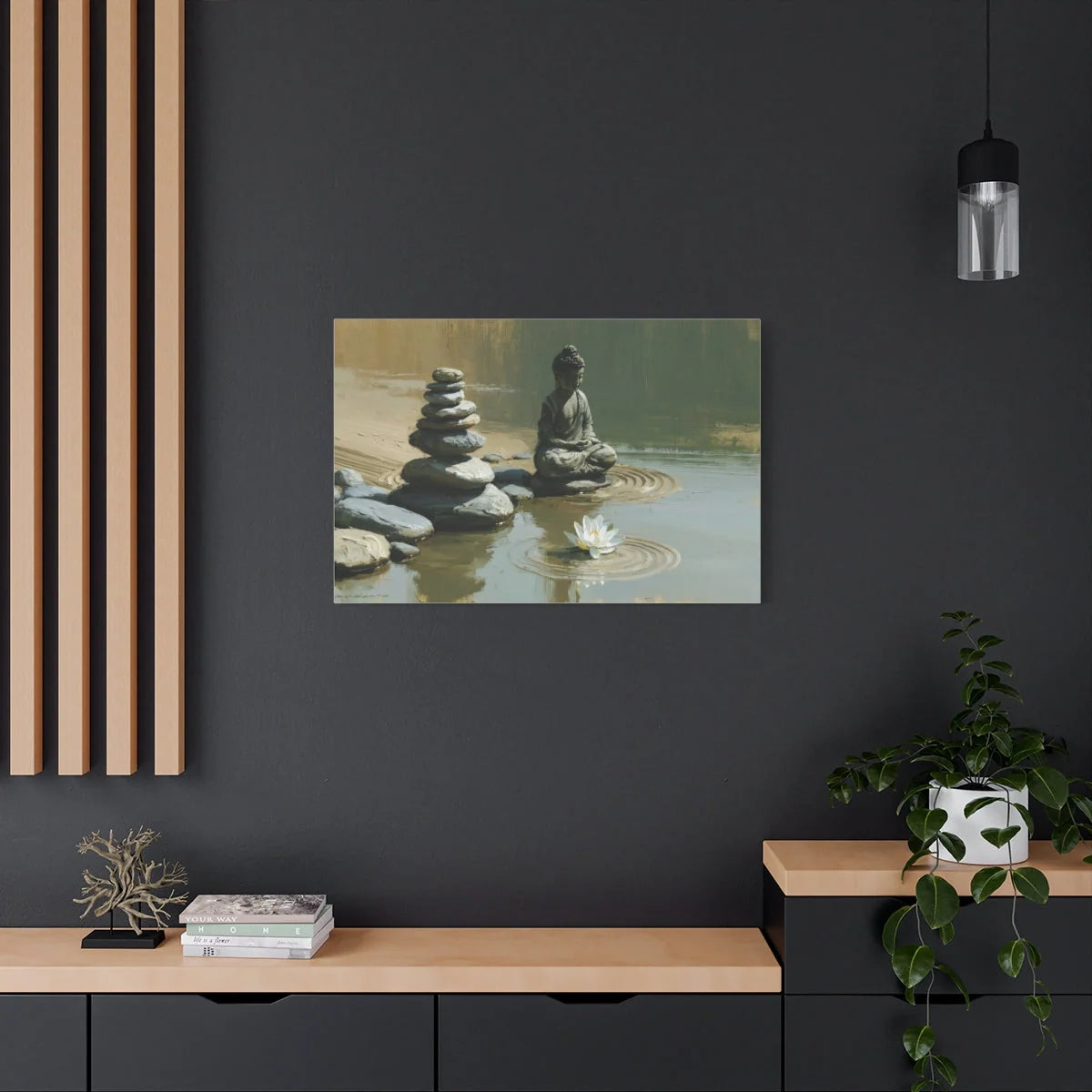 Tableau Cairn Bouddhique - Équilibre des Galets - ambiance loft haut de plafond
