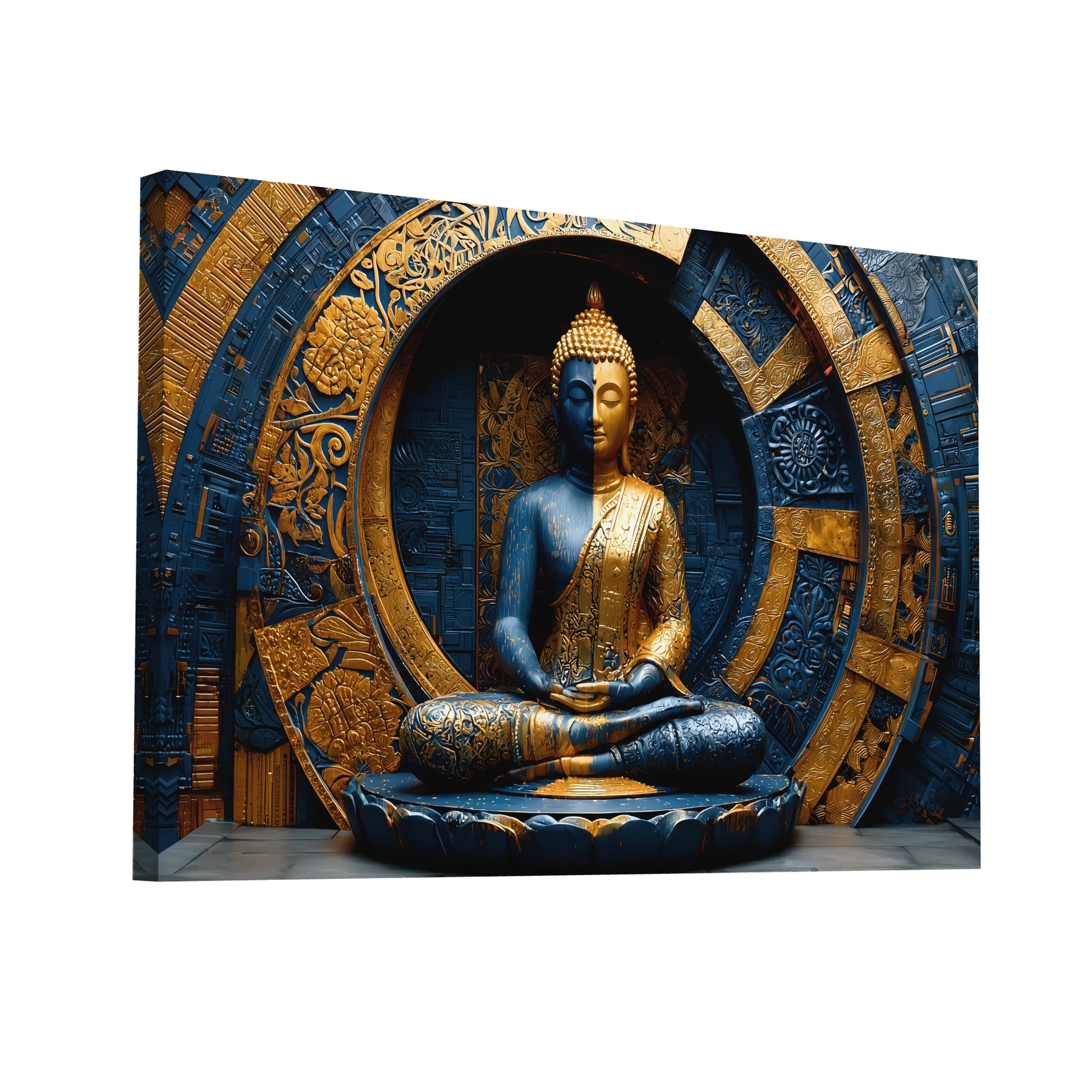 Product Hero 3D WebP Tableau Bouddha Grand Format : Sagesse Dorée - Art Virtuoso