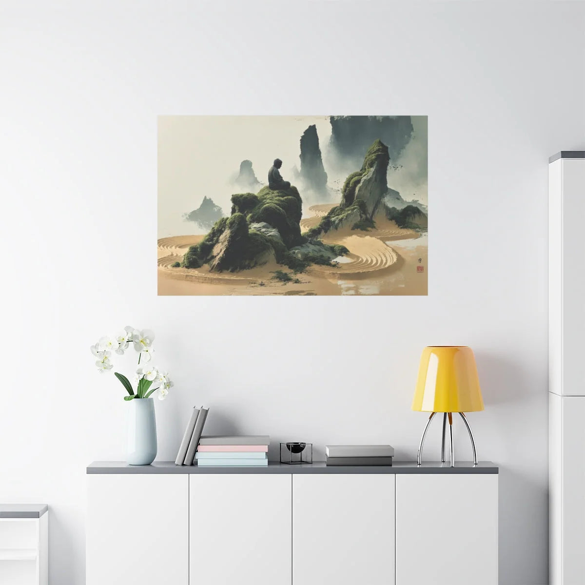 Tableau Jardin Zen Karesansui - Bouddha de Pierre - vue mur grande hauteur